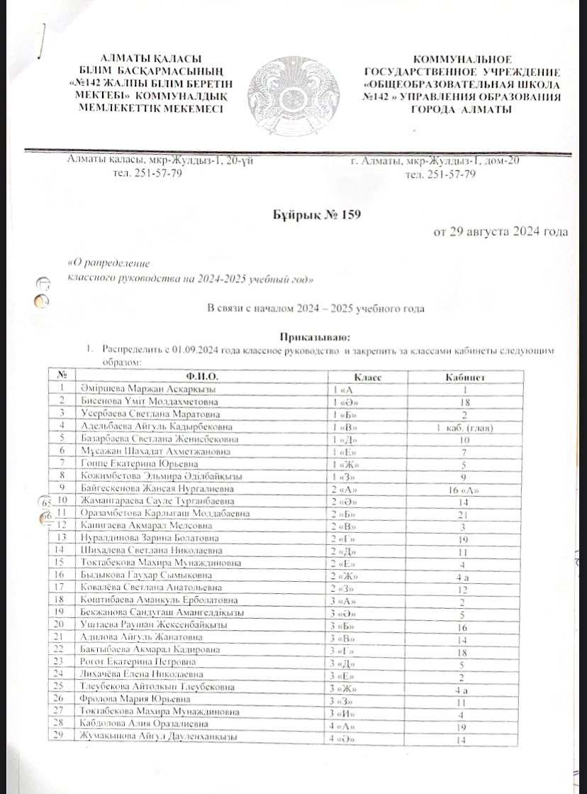 Приказ о распределении классного руководства на 2024-2025 учебный год